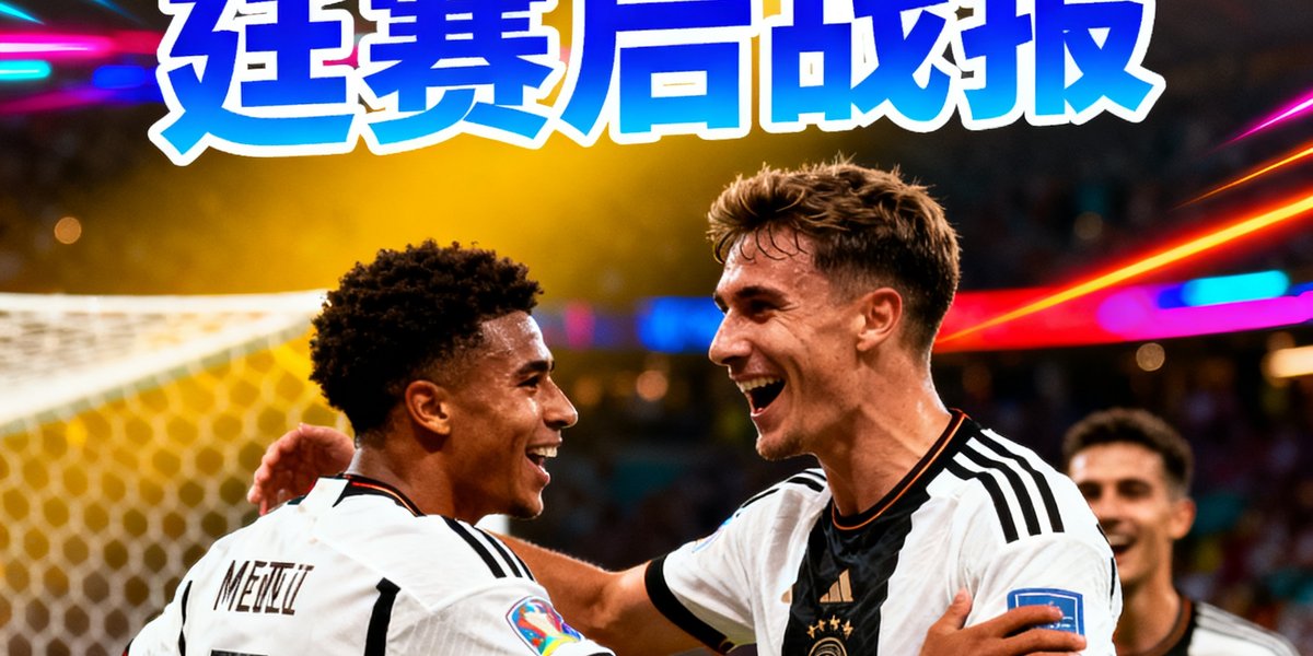 德国3-1阿根廷赛后战报，穆西亚拉与队友庆祝进球，霓虹灯光